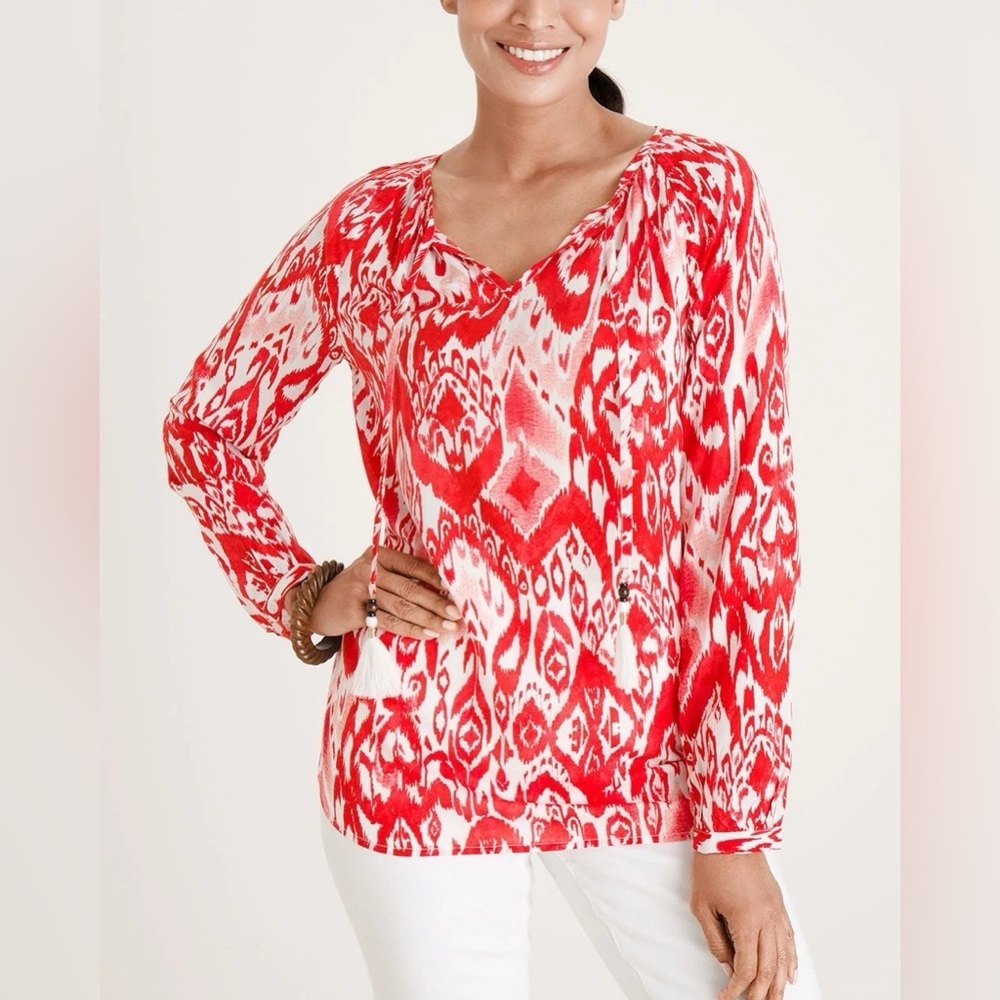 Chicos Boho Ikat Tassel Accent Popover Blouse Womens Size 20-22